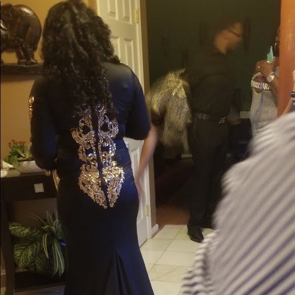 Custom Black and Gold Dress with Appliqués and Train - Picture 3 of 4